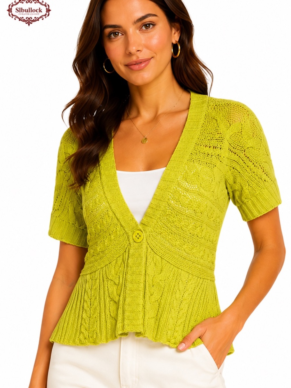 Luisa Cerano Linen Cotton Cable Knit Cardigan Chartreuse Open Knit Designer 12